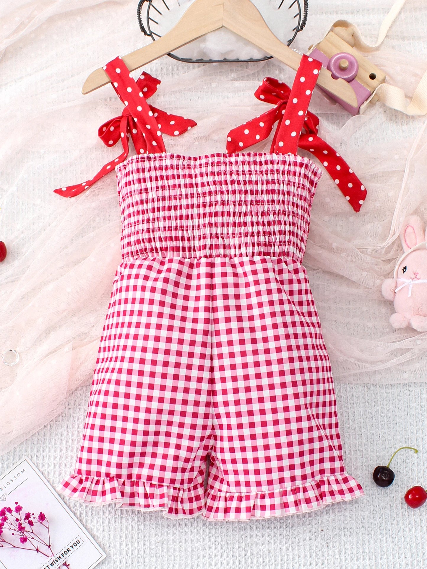 Summer Girl Sling jumpsuit Fashion plaid red embroidered strawberry pattern cute and playful girl baby
