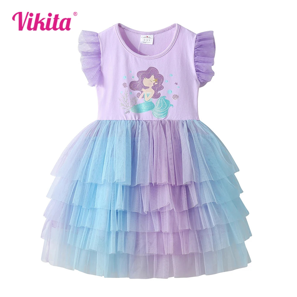 VIKITA Kids Princess Party Daily Summer Tutu Dress Girl Mermaid Purple Costumes Kids Elegant Tulle Mesh Prom Gown 3-10 Yrs