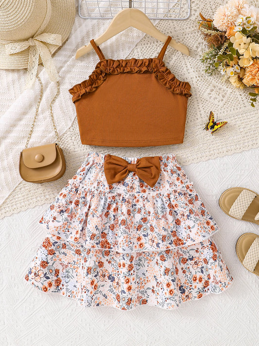 Spring Summer Girls Fashion Casual 2-piece dress Brown petal edge sleeveless vest + floral pleated cake knee-length skirt set