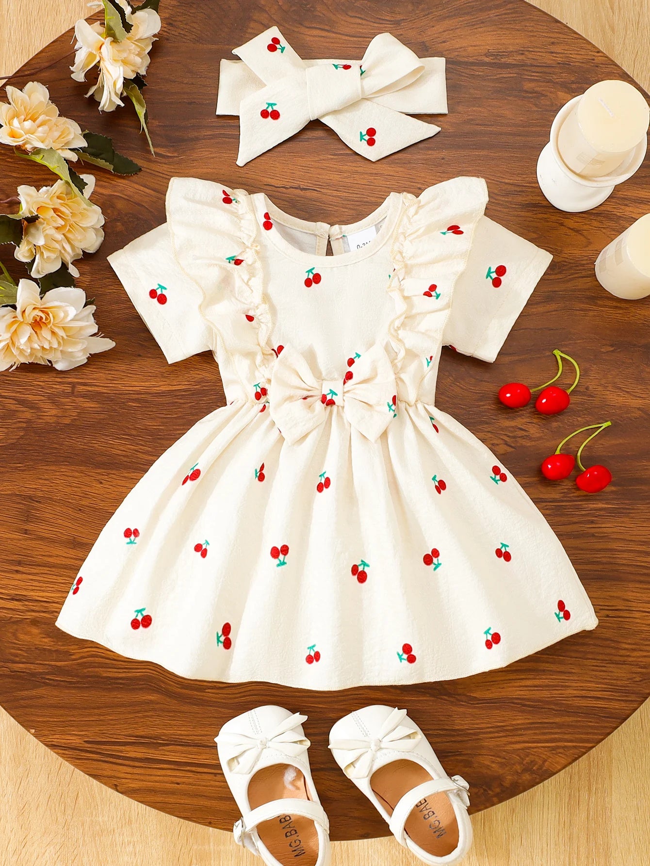 2pc Dress Set: Summer Cherry Print, Ideal for Daily Wear, Birthday Party & Summer Photoshoot, for Baby Girl (0-4Y), Toddler Girl