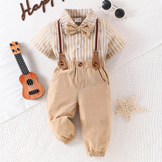 Set of male baby gentleman's clothing, short sleeved shirt, bow tie, tie and suspender, long pants, spring and summer
