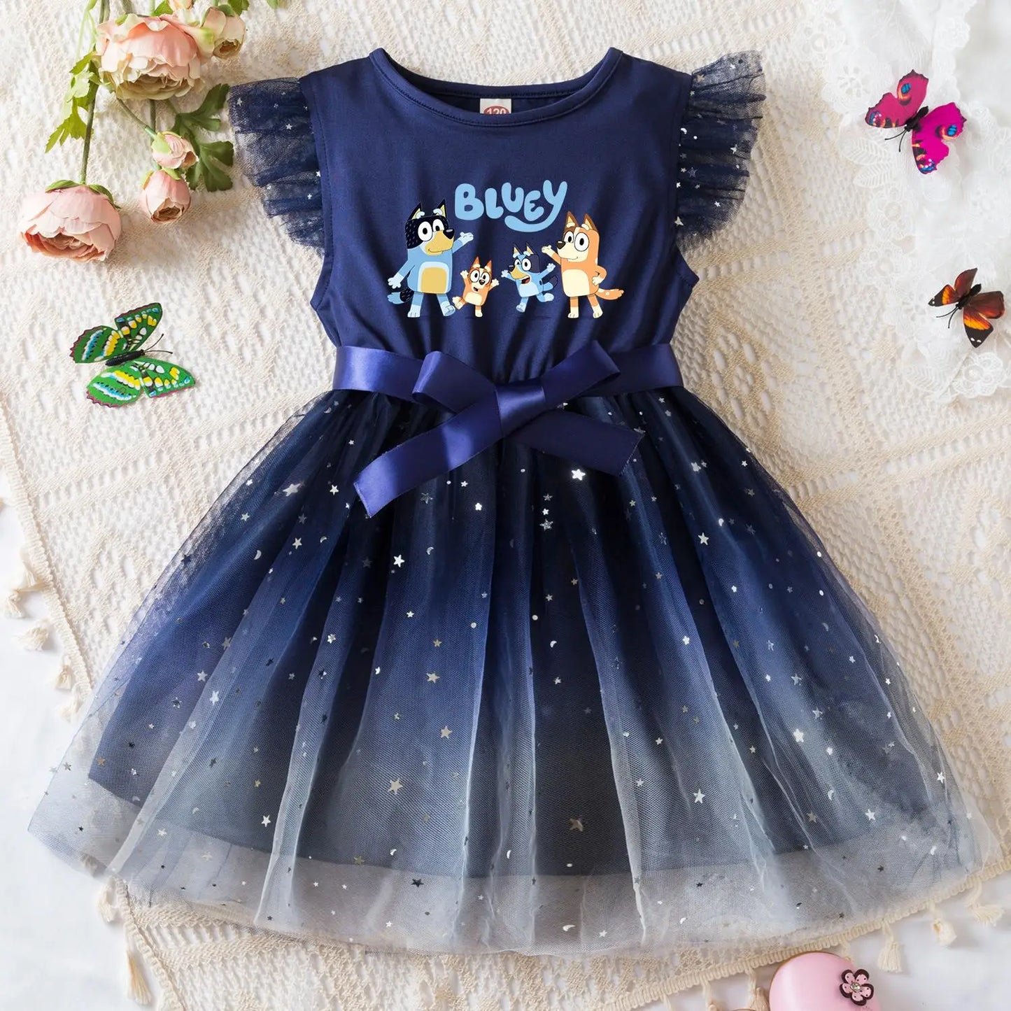 Bluey Girls Sequin Tutu Dress with Bow Flutter Sleeves Summer Princess Party Outfit for Toddler Kids 2-6 Years