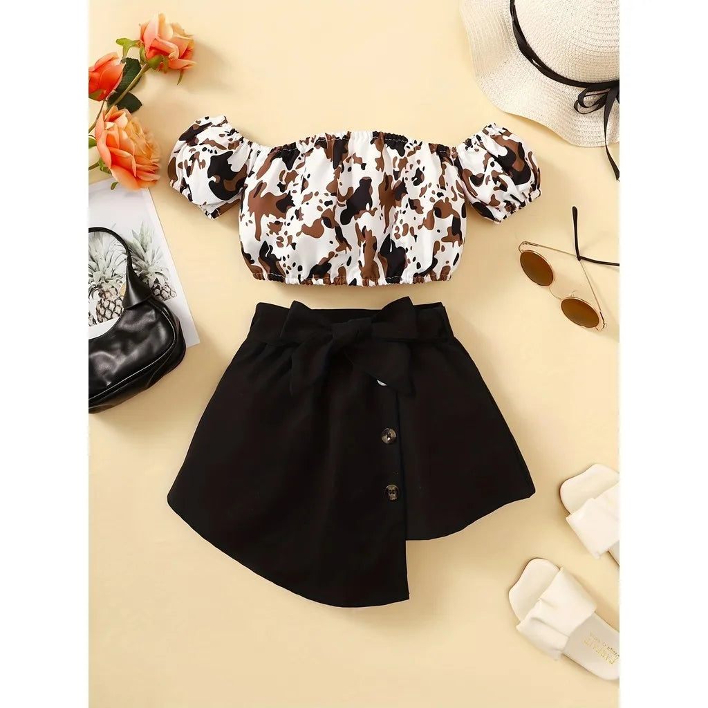 Toddlers Girl Summer Clothes Set Off Shoulder Leopard Print Top+Short Skirt with Bow Birthday Party Wear for Kids 1-4 Years