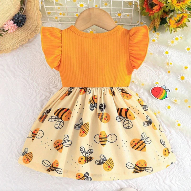 Baby Girl Dress) Summer New Yellow Little Fly Sleeves Cute Bee Children'S Sleeveless Clothes+Bow Headband