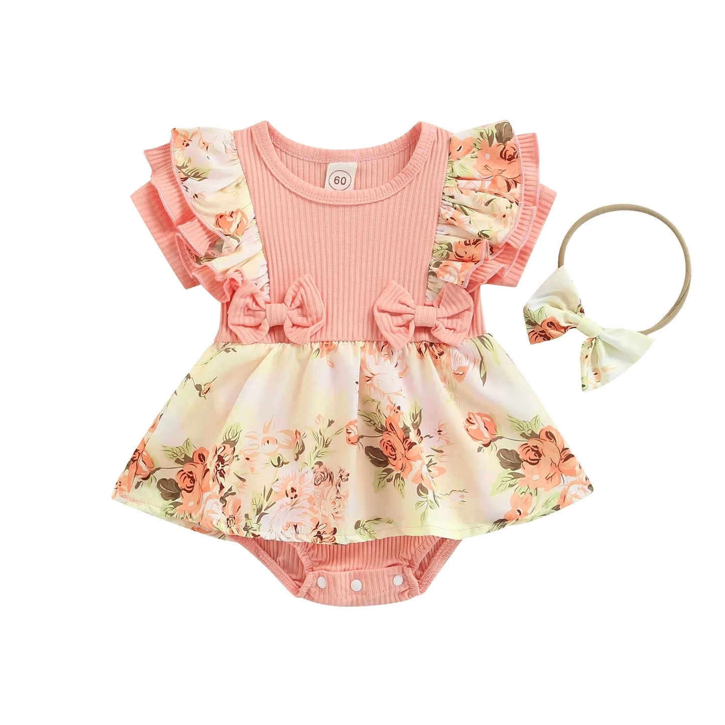 Summer Infant Baby Girls Dress Flying Sleeve Bodysuit + Bow Headband Flower Pattern Ruffle Sweet Style Clothing