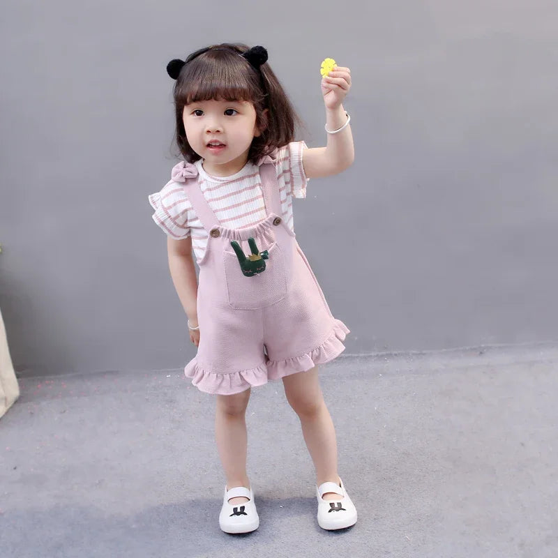 Cute Toddler Baby Girl T-shirt+Suspender Shorts Outing Clothes New Fashion Bay Sets Suits (No Shoes No Bag)