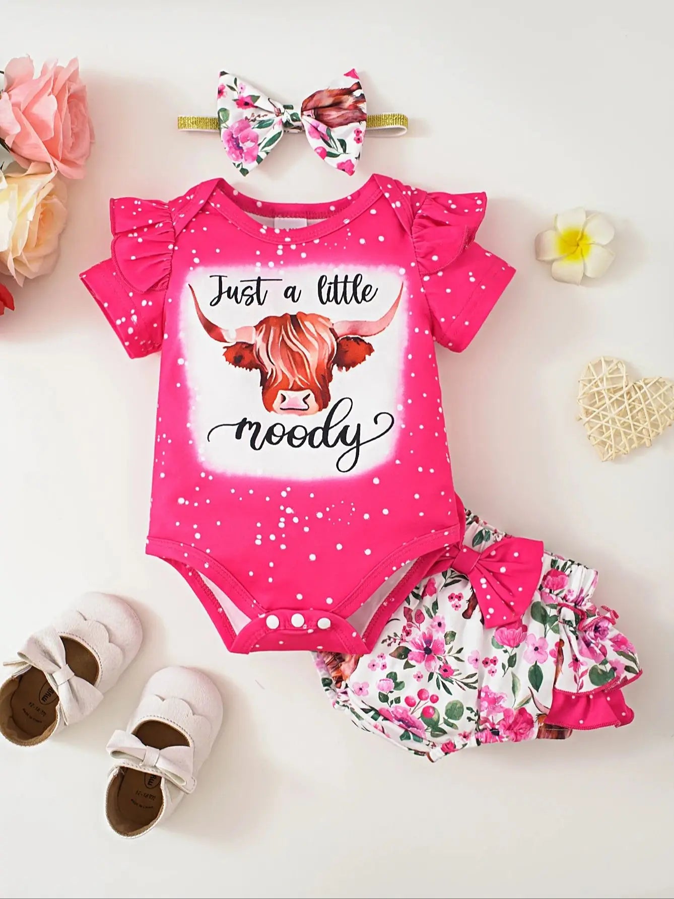Cute Casual Floral Butterfly Headband Short-Sleeve Romper and Triangle Shorts 3-Piece Set for Babies and Toddlers