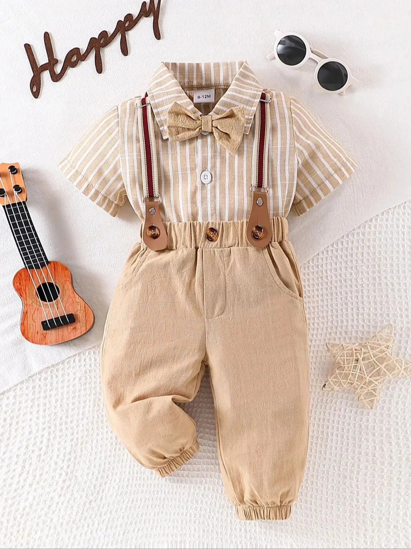 Set of male baby gentleman's clothing, short sleeved shirt, bow tie, tie and suspender, long pants, spring and summer
