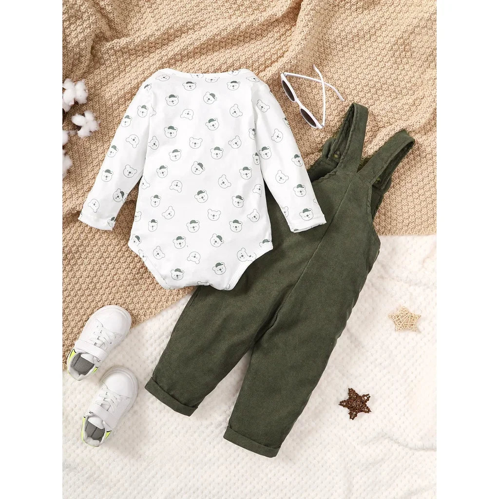 Baby Boy 2PCS Clothing Set Bear Print Bodysuit with Green Overall Fashion Cute Autumn and Winter Costumes