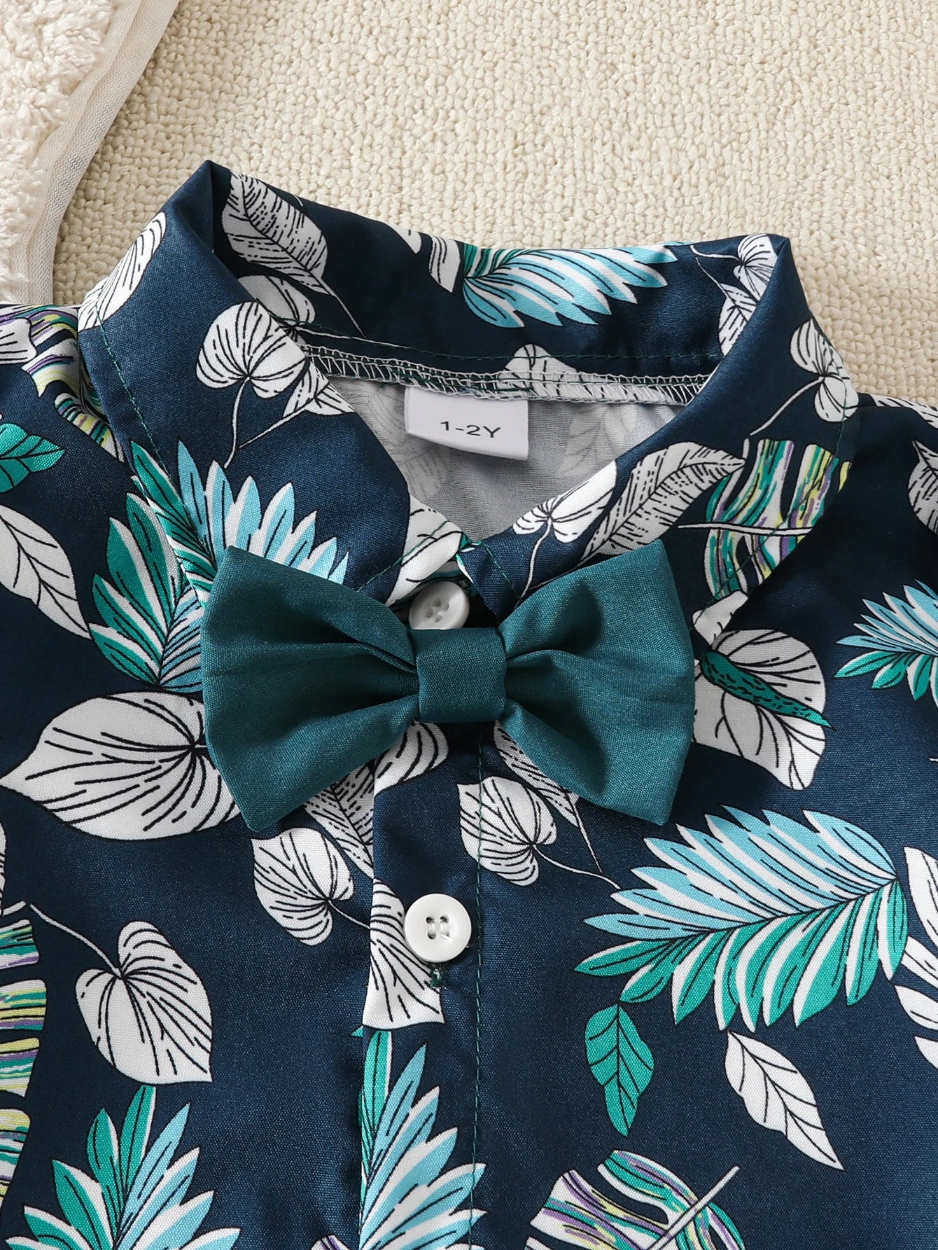 Baby boy spring and summer beach vacation set with maple leaf print top, short sleeves, shorts, hat, and belt – 4 pieces