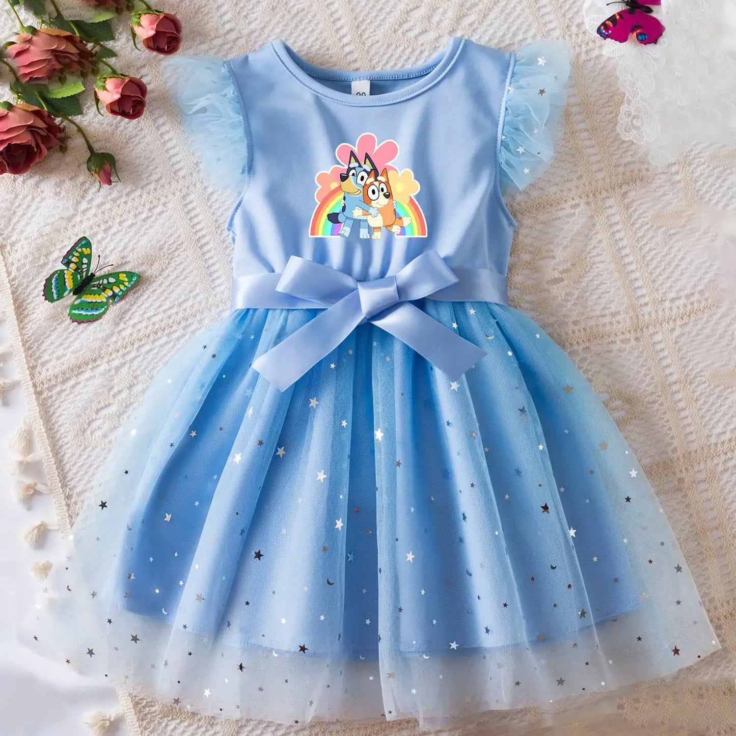 Bluey Girls Sequin Tutu Dress with Bow Flutter Sleeves Summer Princess Party Outfit for Toddler Kids 2-6 Years