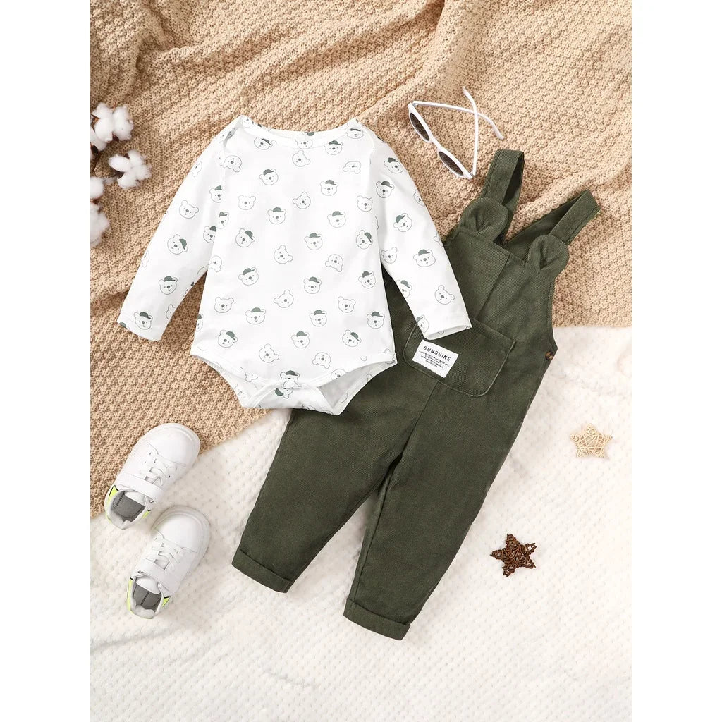 Baby Boy 2PCS Clothing Set Bear Print Bodysuit with Green Overall Fashion Cute Autumn and Winter Costumes