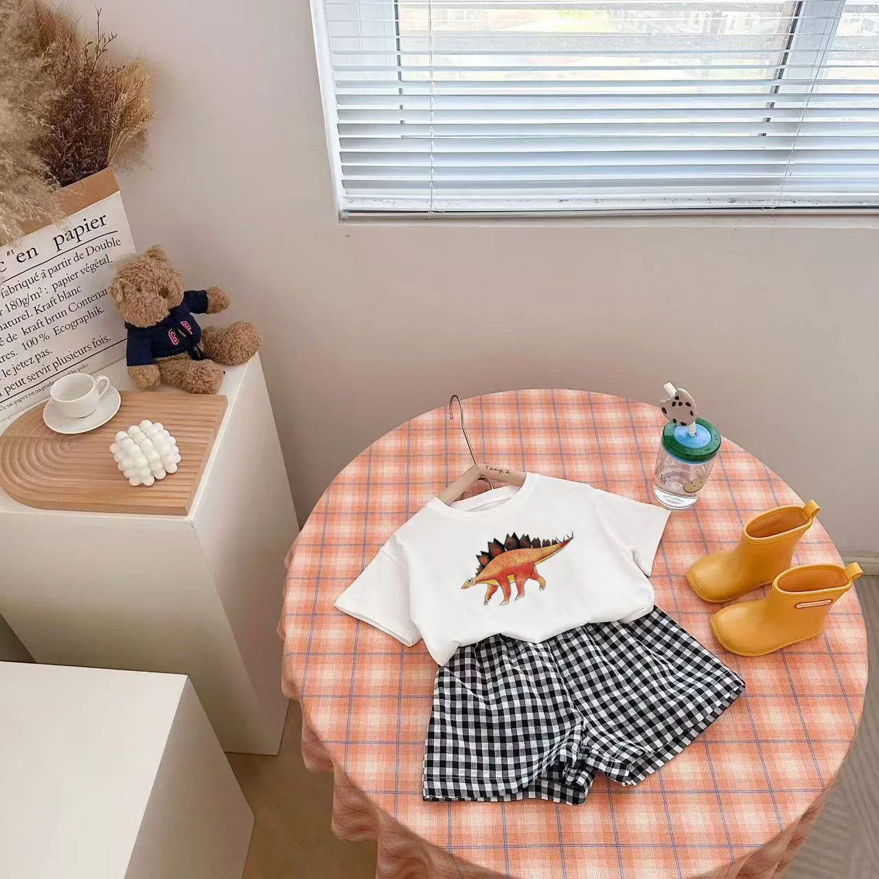 Baby Clothes Set Newborn Boys Casual Dinosaur Print Short Sleeved T-shirt+plaid Shorts Toddler Girl Summer Kids Outfit Set