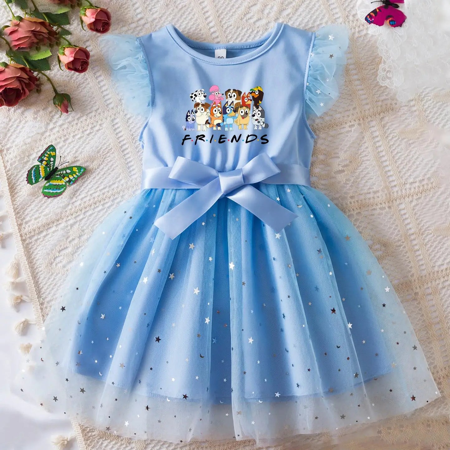 Bluey Girls Sequin Tutu Dress with Bow Flutter Sleeves Summer Princess Party Outfit for Toddler Kids 2-6 Years
