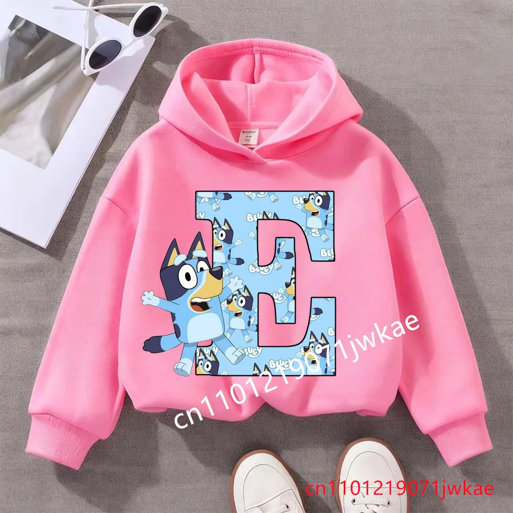 Kids Bluey Letter ABCD Pattern Printing Hooded Sweatshirt Fall Winter Warm Soft Pullover Comfortable Playwear for Boys Girls