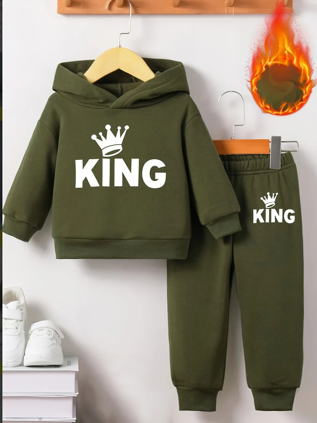Baby Boy KING Crown Pattern Fleece Hoodie+Casual Pants Two Piece Set Spring and Autumn Sportswear