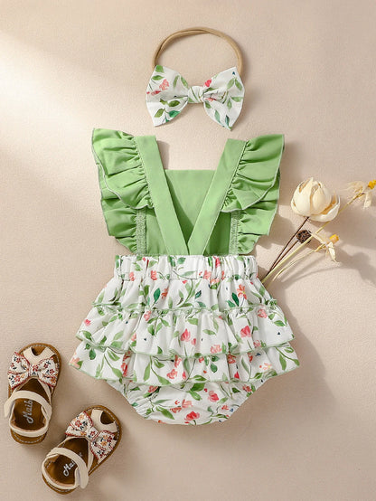 Baby Girls Sleeveless Print Flower rompers For 0-1Y baby newborn items Casual Jumpsuit +Headband