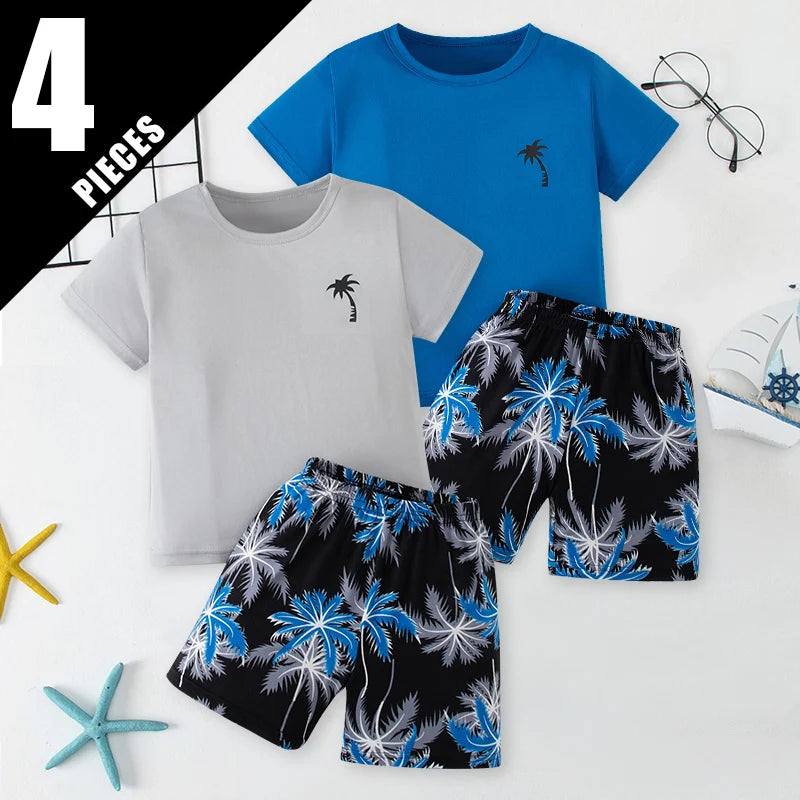 Children's summer leisure sports printed short sleeved shorts set, boys and girls vacation style fashionable T-shirt pants