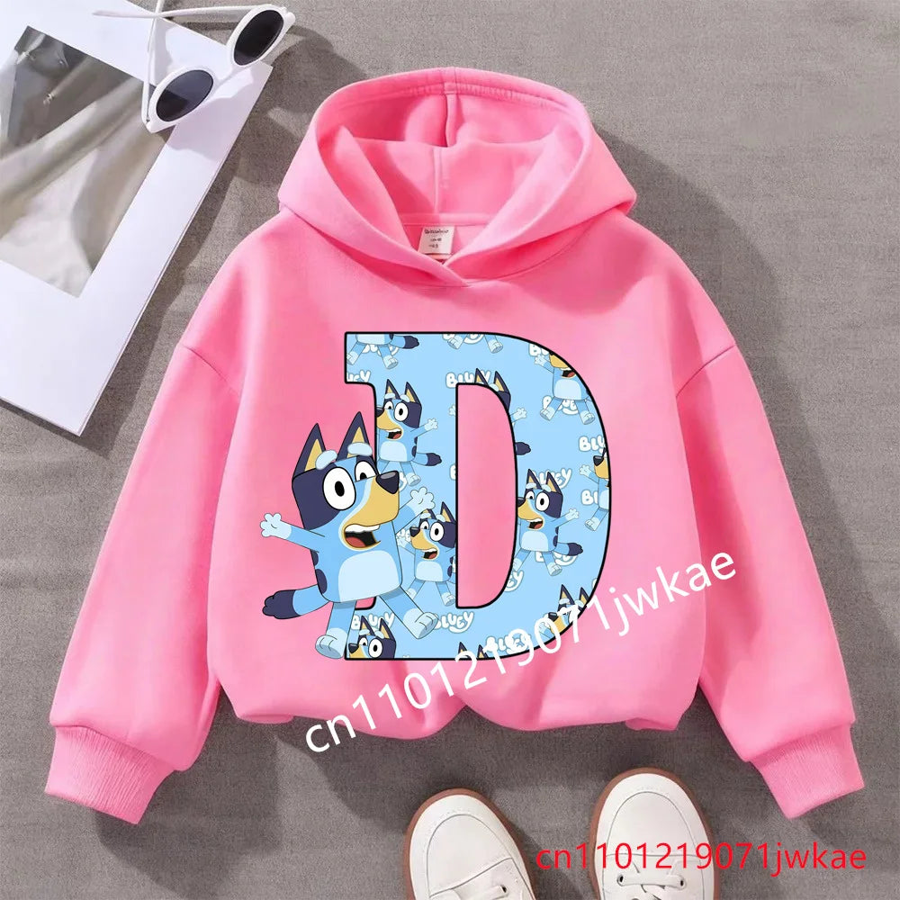Kids Bluey Letter ABCD Pattern Printing Hooded Sweatshirt Fall Winter Warm Soft Pullover Comfortable Playwear for Boys Girls